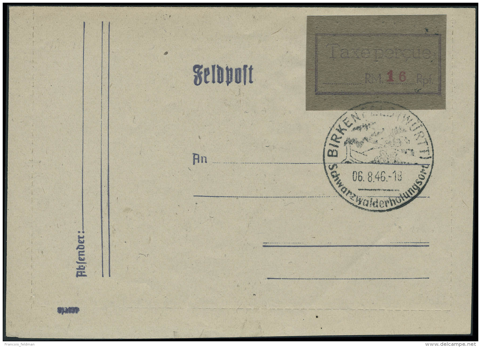 Lettre BIRKENFELD Taxe Per&ccedil;ue 16 RPF S/Lettre Oblit&eacute;r&eacute;e 6.8.46 Superbe. Rare. Sign&eacute;... - Other & Unclassified