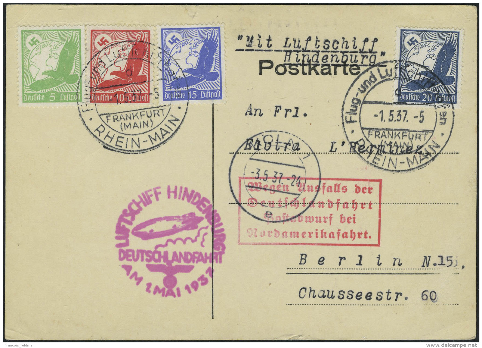 Lettre Zeppelin N&deg; 43/46 Sur CP, C&agrave;d Frankfurt Flug Und Luftschiff 1.5.37 + C&agrave;d Koln 3.5.37,... - Other & Unclassified