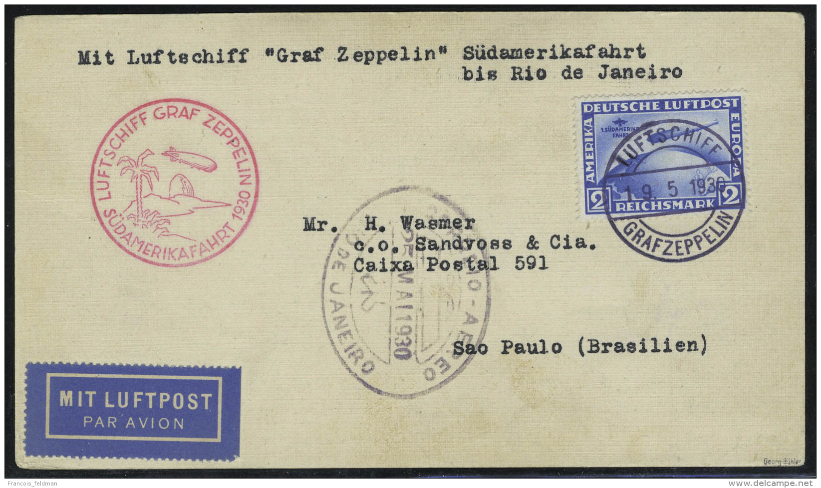 Lettre N&deg; 38, 2m Zeppelin Sur L SAF 1930 Pour Le Br&eacute;sil, T.B. - Autres & Non Classés