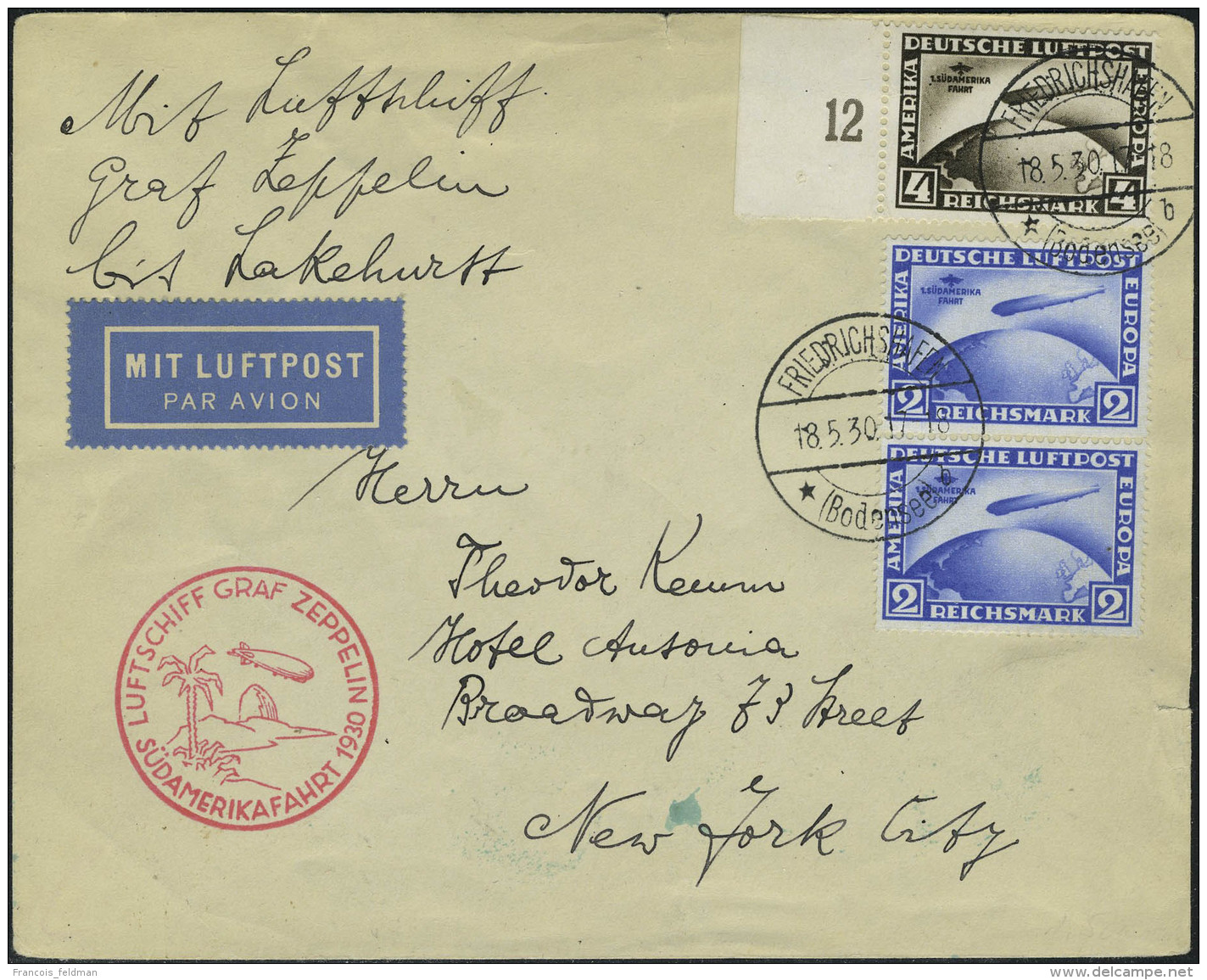 Lettre N&deg; 38 X 2 + 39 Sur L Zeppelin SAF 1930, Cad Friedrichshafen 18.5.30 Pour New York, Au Verso Cachet... - Autres & Non Classés