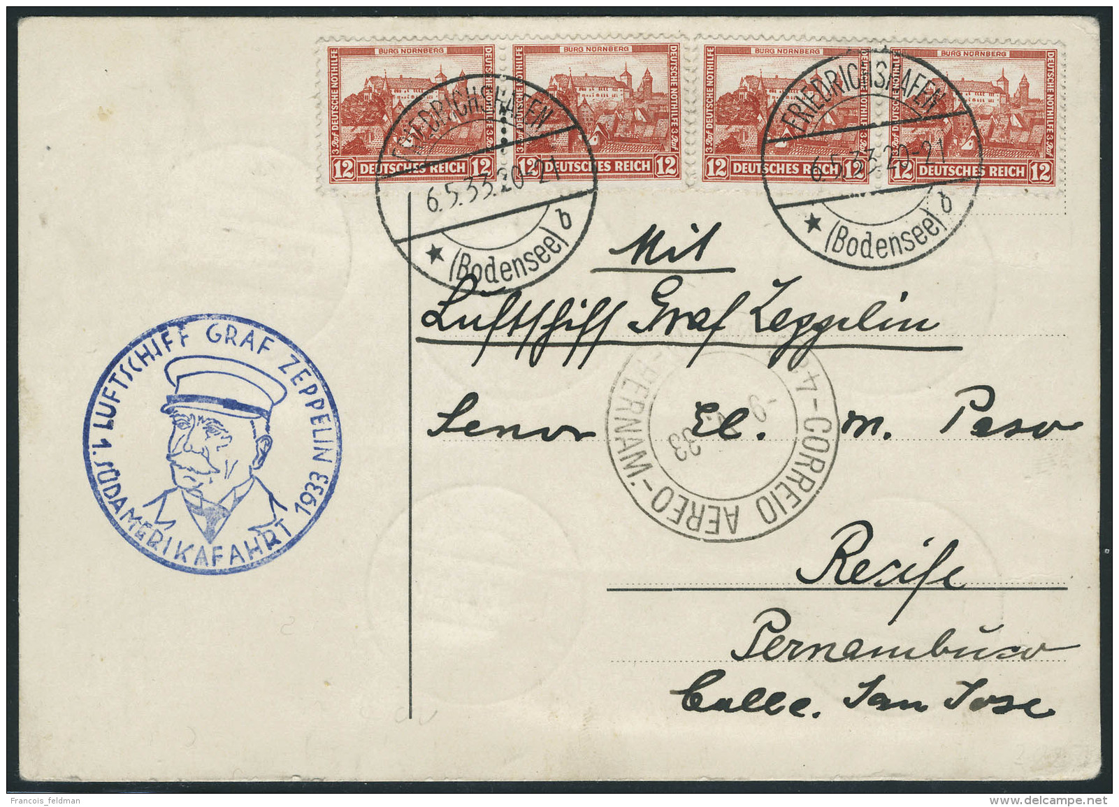 Lettre Zeppelin 1 SAF 1933, CP Affranchie Avec 21 Timbres, C&agrave;d Friedrichshafen 6.5.33, Pour R&eacute;cife... - Other & Unclassified