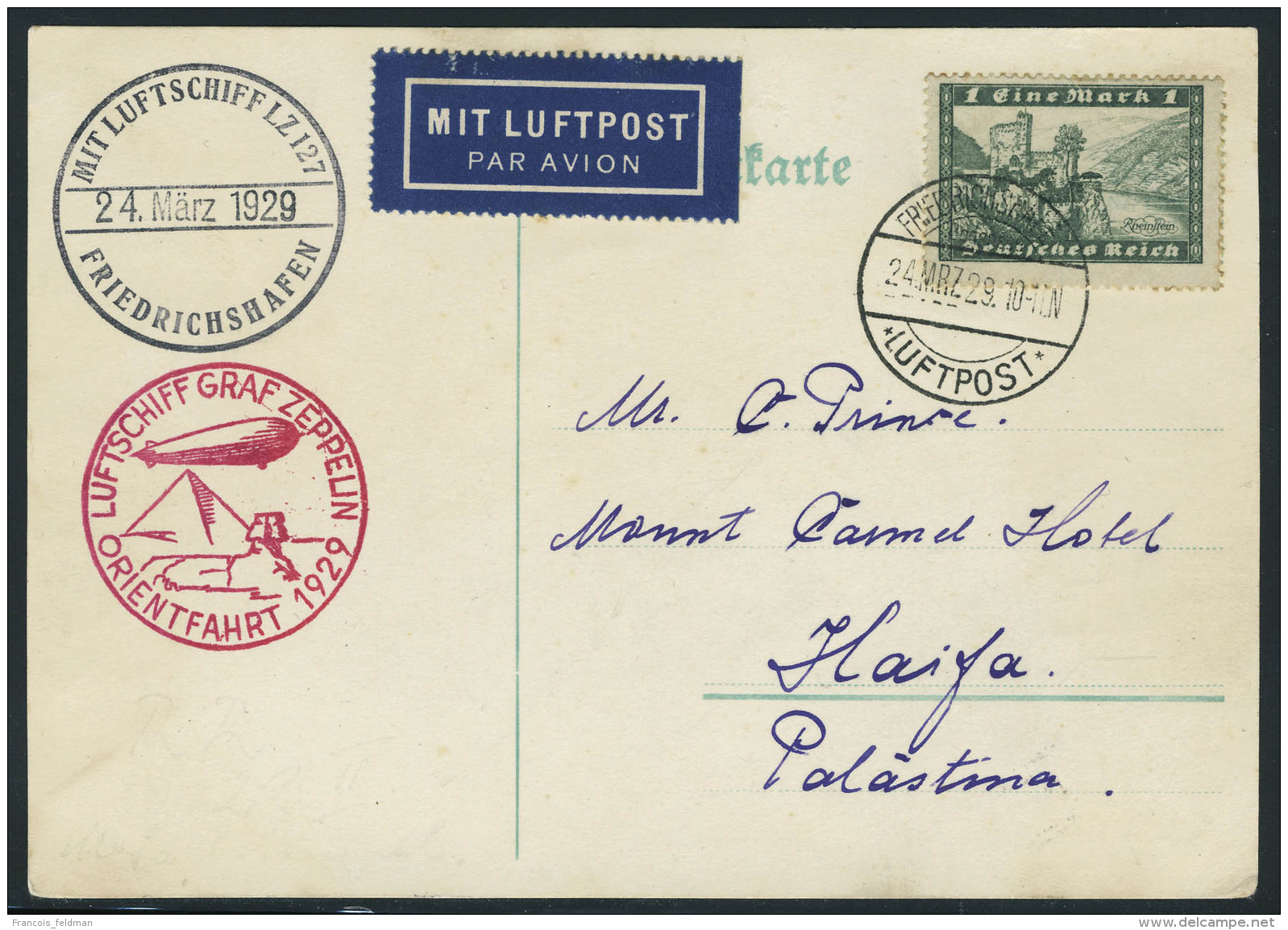 Lettre Zeppelin Orientfahrt 1929, C&agrave;d Friedrichshafen 24 Mrz 29 Sur CP Pour Haifa,  T.B. - Other & Unclassified
