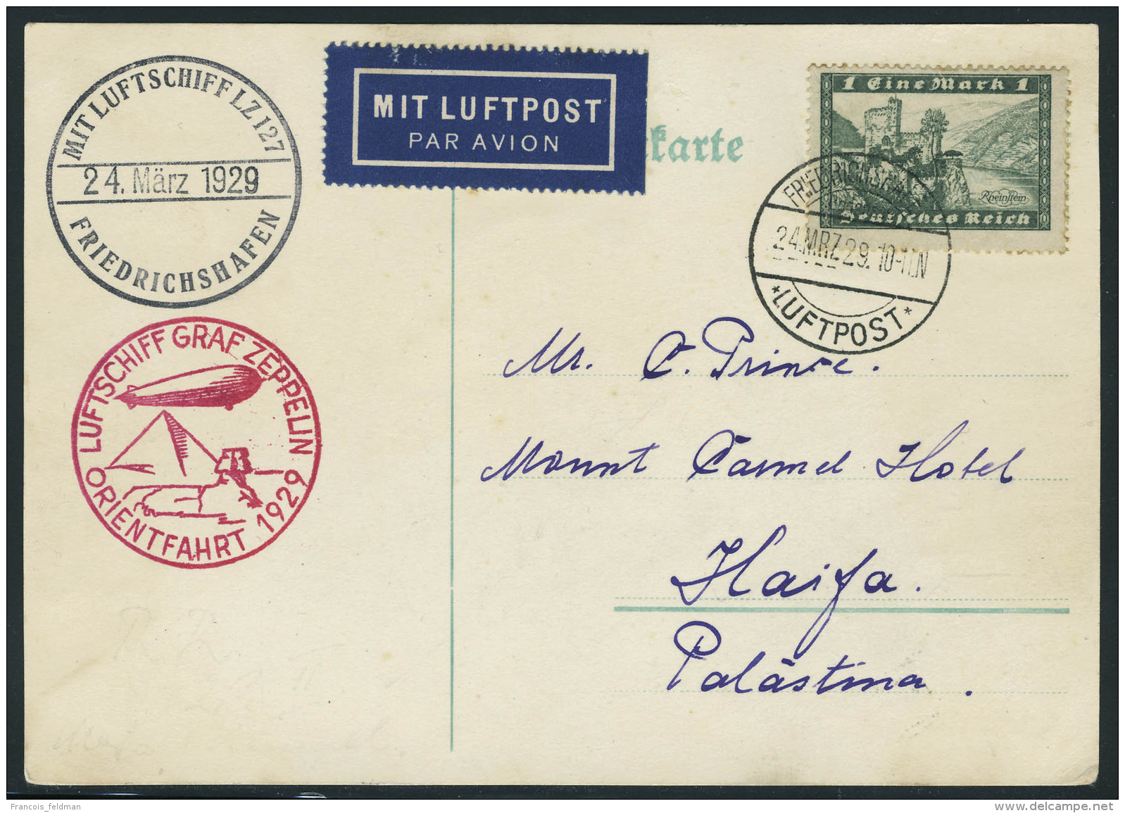 Lettre Zeppelin Orientfahrt 1929, C&agrave;d Friedrichshafen 24 Mrz 29 Sur CP Pour Haifa,  T.B. - Autres & Non Classés