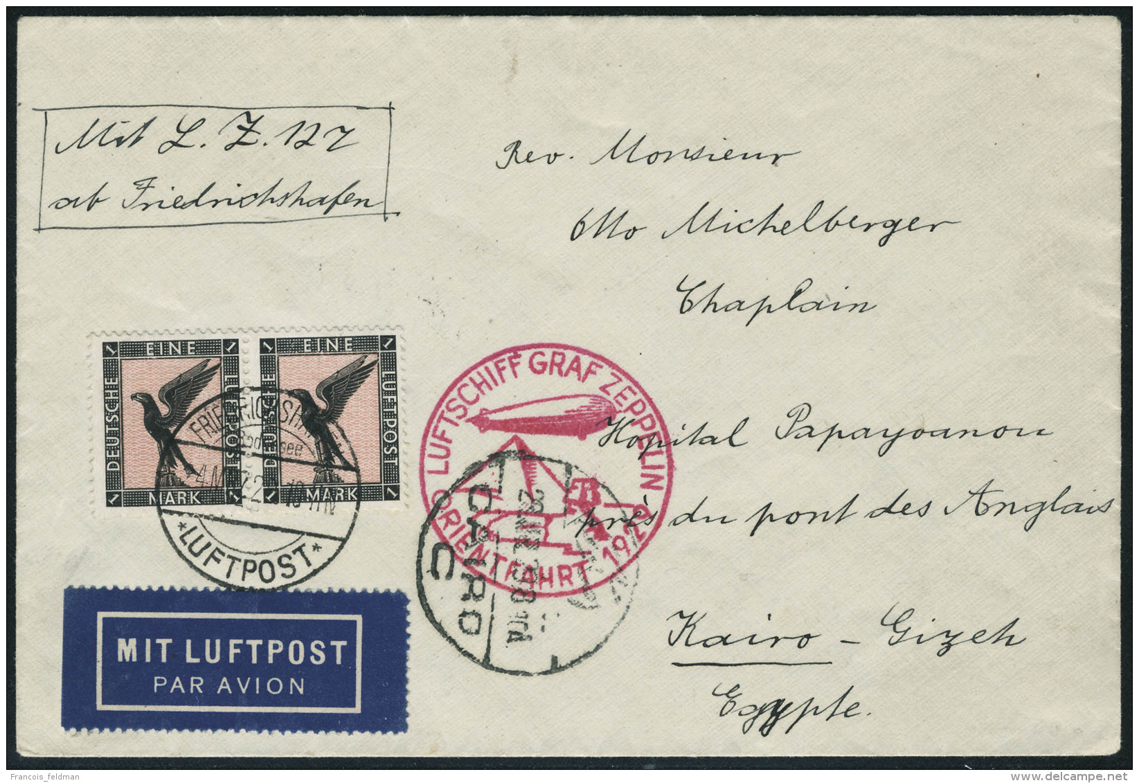 Lettre Zeppelin Orientfahrt 1929, L. C&agrave;d Friedrichshafen 24 Mrs 29, Pour Le Caire Gizeh, Arriv&eacute;e... - Autres & Non Classés