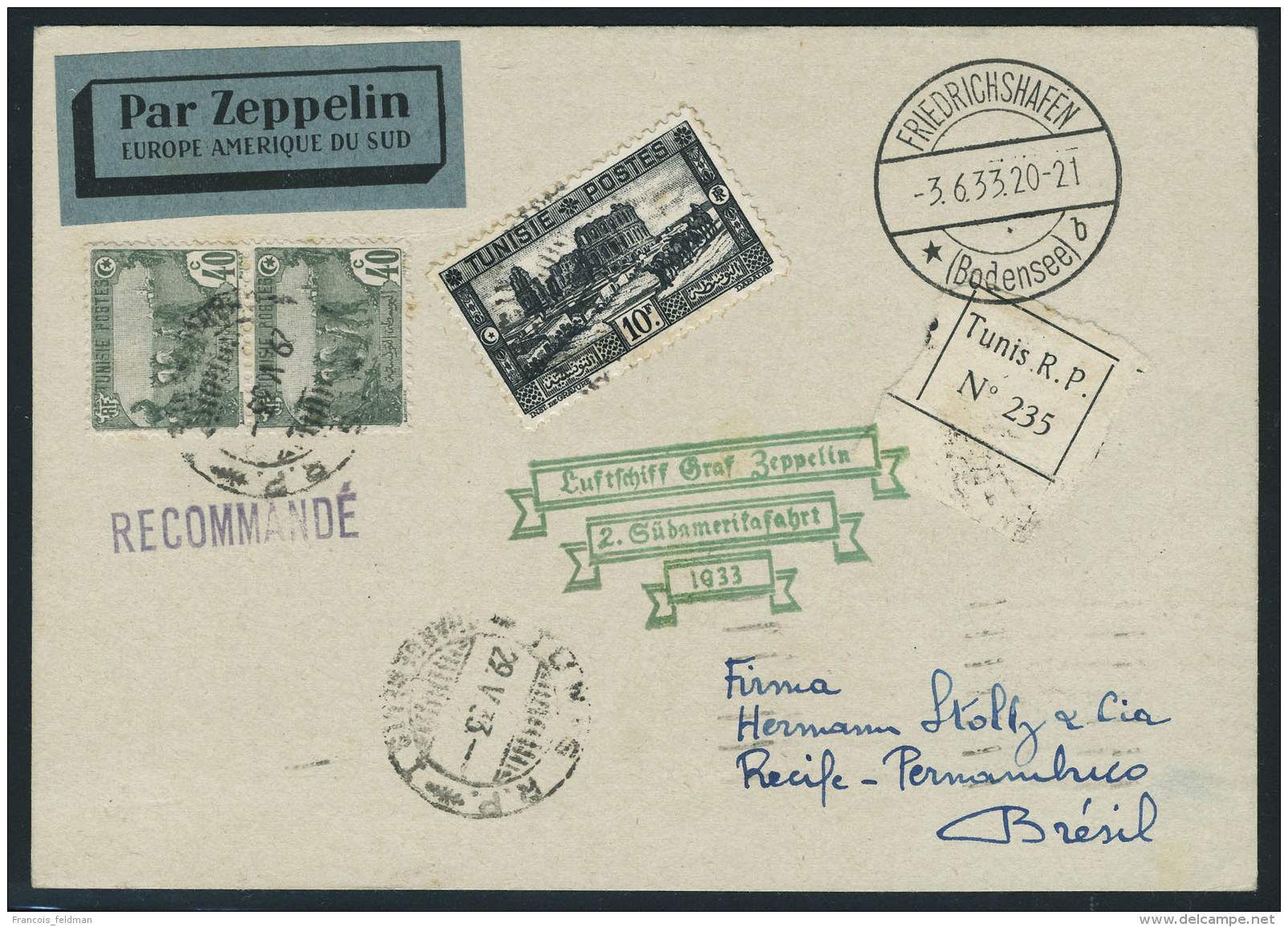 Lettre Zeppelin 2 SAF 1933, CP Recommand&eacute;e De Tunis 29.V.33 C&agrave;d De Transit Friedrichshafen 3.6.33... - Sonstige & Ohne Zuordnung