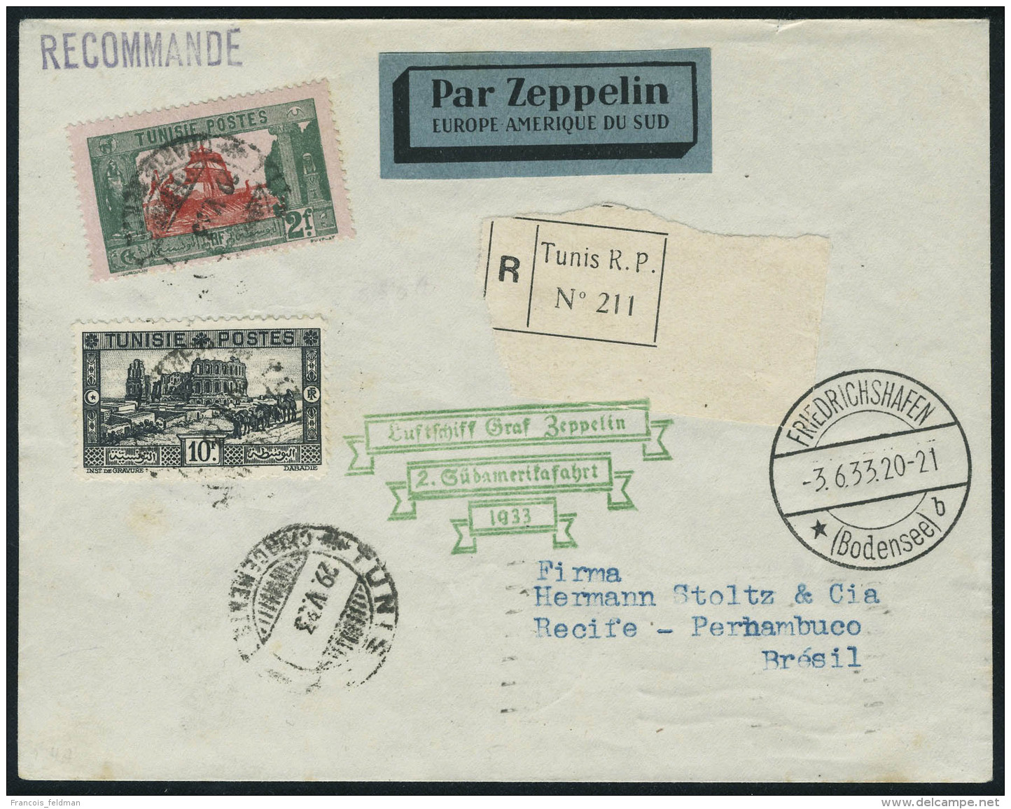 Lettre Zeppelin 2&egrave;me SAF 1933, LR De Tunis 29.V.33, C&agrave;d De Transit Friedrischshafen 3.6.33 Pour... - Other & Unclassified