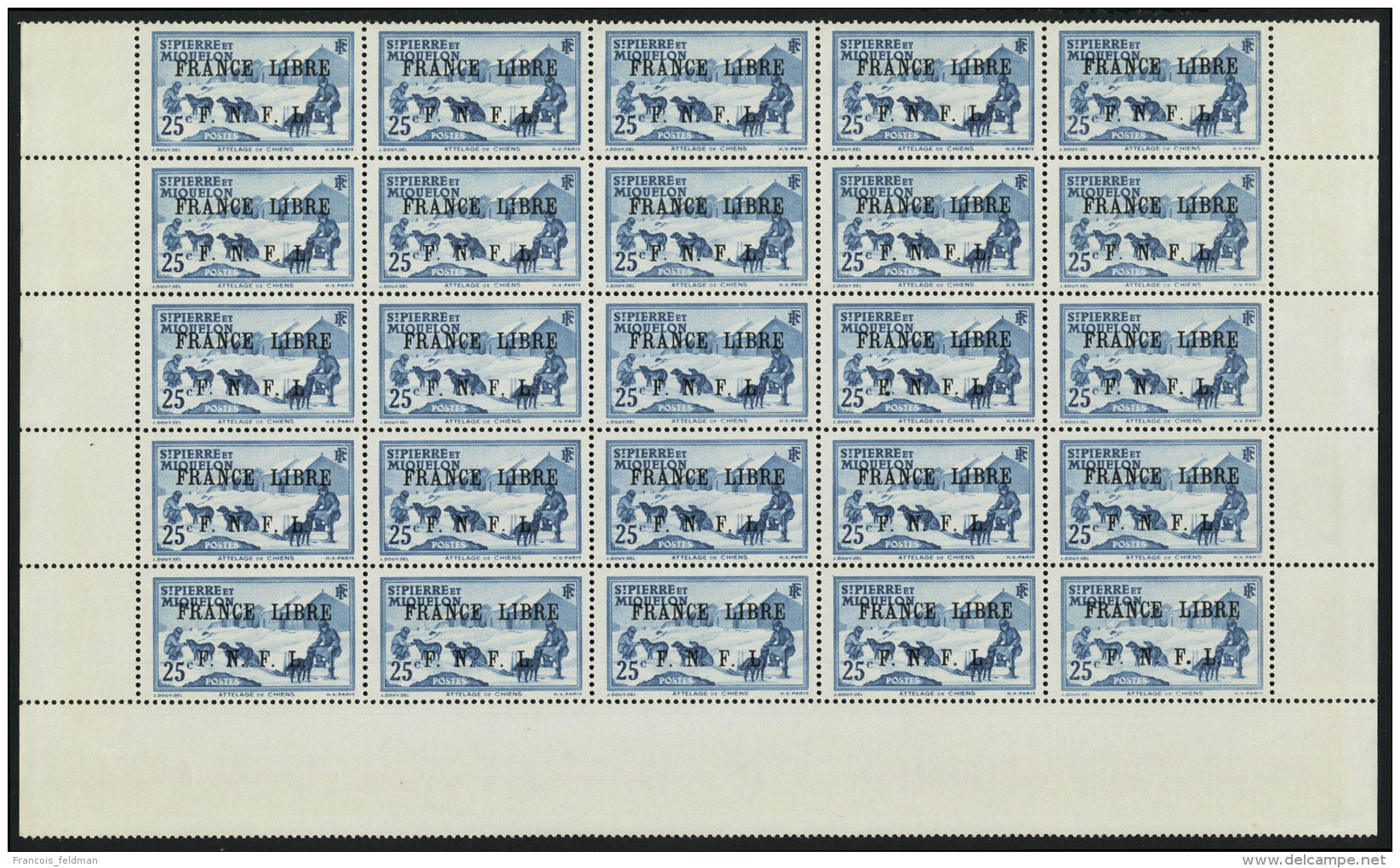 Neuf Sans Charni&egrave;re N&deg; 253, 25c Bleu Vert France Libre, Feuille De 25ex, T.B. - Sonstige & Ohne Zuordnung