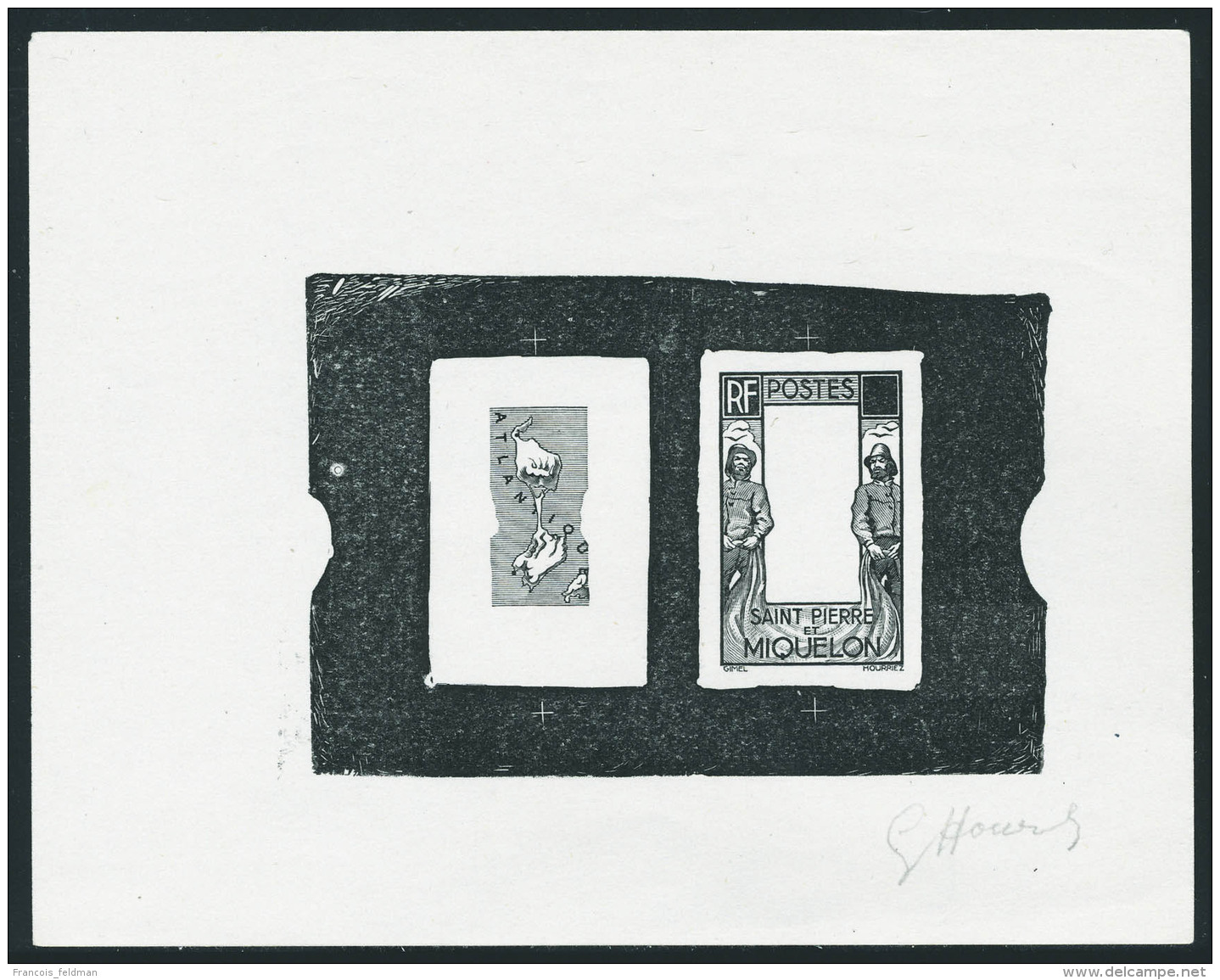 Type Carte De 1932, &eacute;preuve D'artiste En Noir D&eacute;compos&eacute;e Centre + Cadre, Valeur Faciale... - Autres & Non Classés