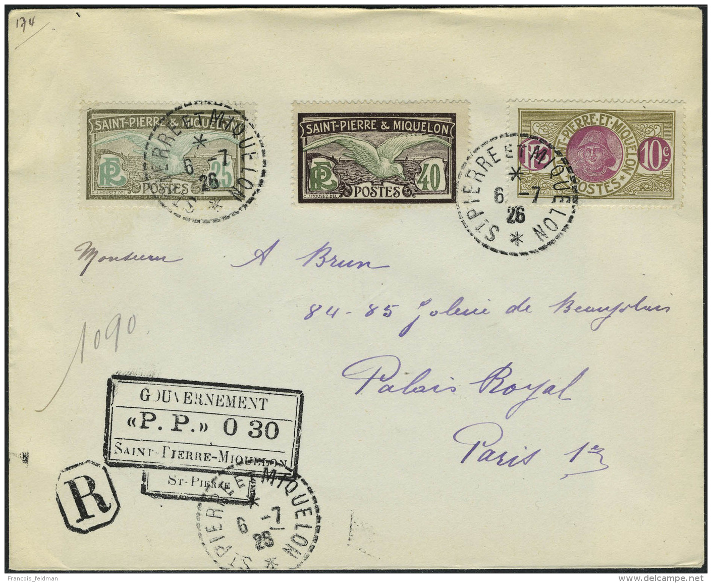 Lettre LR Affranchie Avec Cachet PP 030 + TP N&deg; 87, 109 Et 110. C&agrave;d St Pierre Et Miquelon 6.7.26 Pour... - Sonstige & Ohne Zuordnung