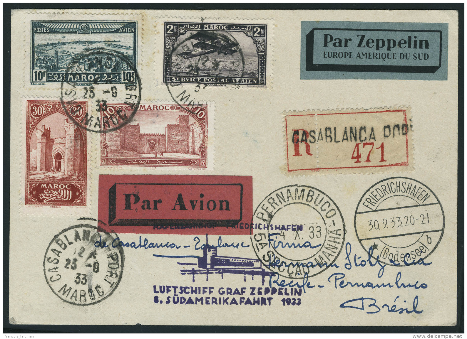 Lettre Zeppelin 8 SAF 1933, LR De Casablanca 23.9.33, C&agrave;d De Transit Friedrichshafen 30.9.33 Pour... - Sonstige & Ohne Zuordnung