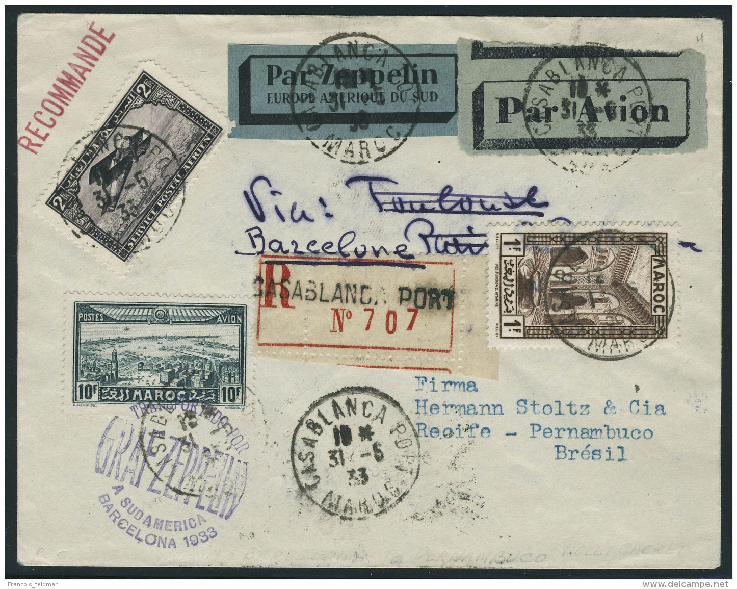 Lettre Zeppelin A Sud Am&eacute;rica Barcelona 1933, LR De Casablanca 31.5.33 Pour R&eacute;cife Pernambuco, Via... - Sonstige & Ohne Zuordnung