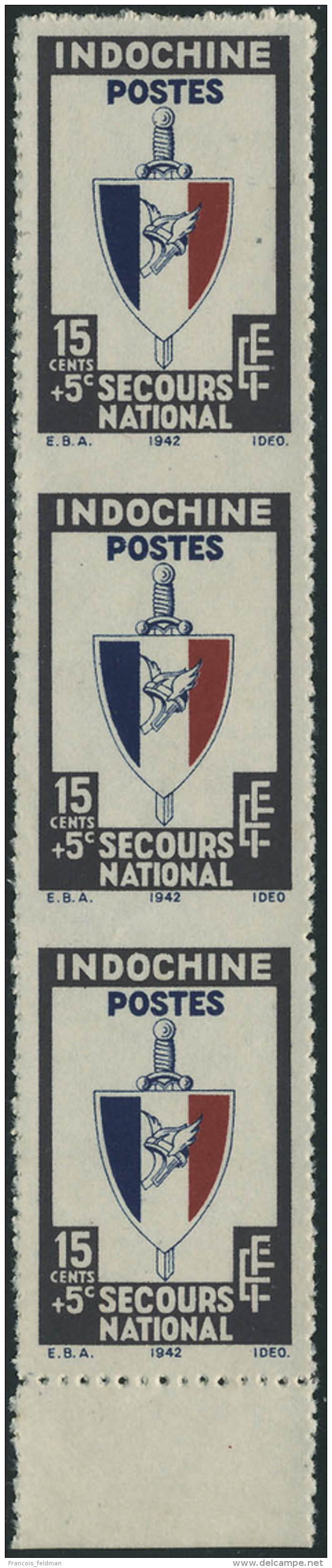 Neuf Sans Gomme N&deg; 282. 15c + 5c, Secours National, Bande De 3 Verticale, Non Dentel&eacute; Horizontal. T.B. - Other & Unclassified