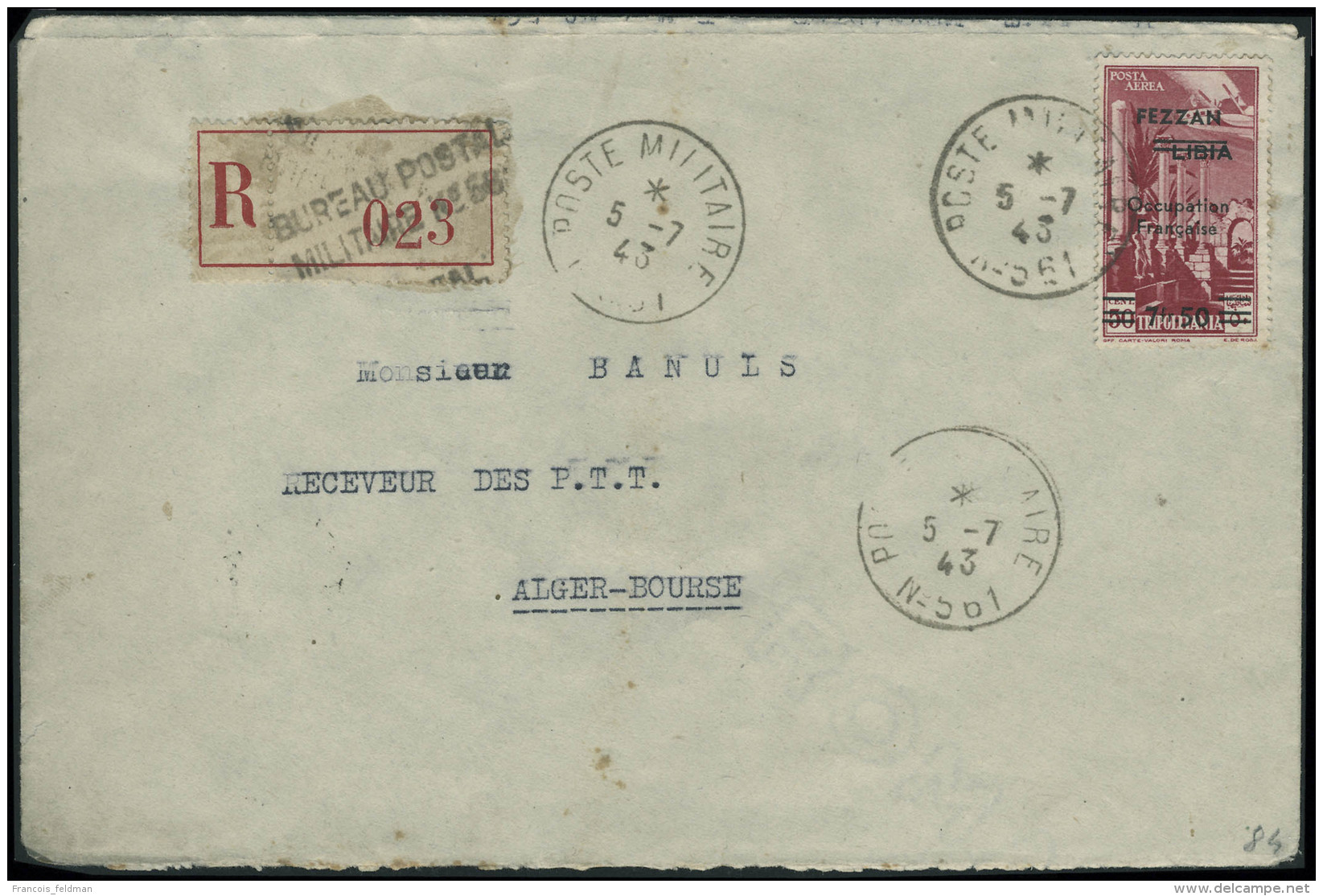 Lettre N&deg; 2 Sur LR Du Bureau Postal Militaire N&deg; 561. C&agrave;D Du 5.7.43. Pour Alger-Bourse.... - Autres & Non Classés