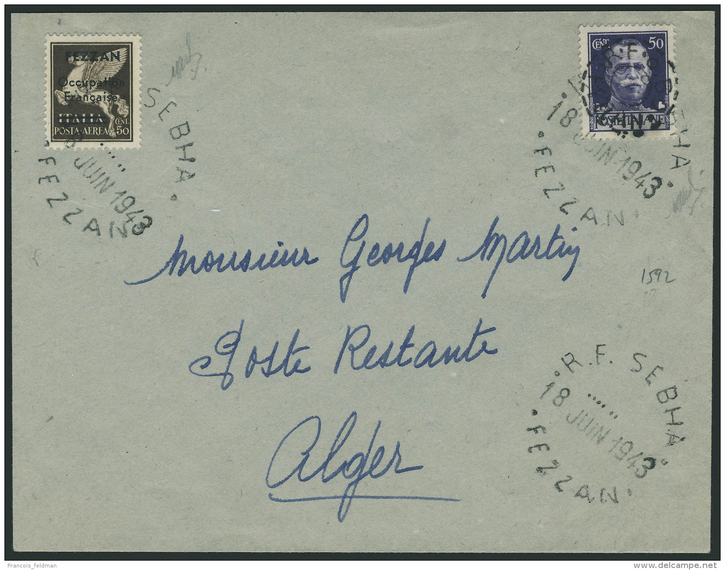 Lettre N&deg;18. 0,50 Sur 50c Violet, Surcharge B, + PA N&deg;1 S/Letre. C&agrave;D RF Sebha 18 Juin 1943 Fezzan,... - Sonstige & Ohne Zuordnung