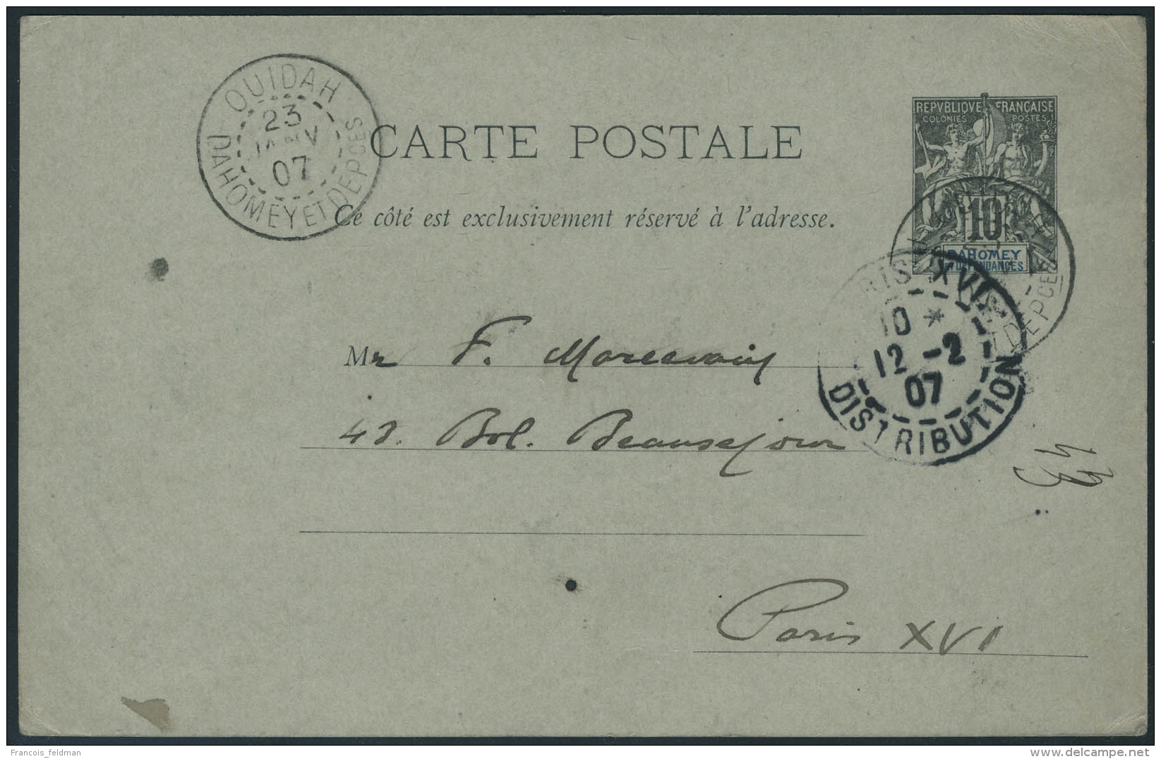 Lettre N&deg; 9A. Entier Postal, Type Groupe 10c Noir Et Bleu, C&agrave;D Ouidah 23 Janv 07, Pour Paris. T.B. - Other & Unclassified