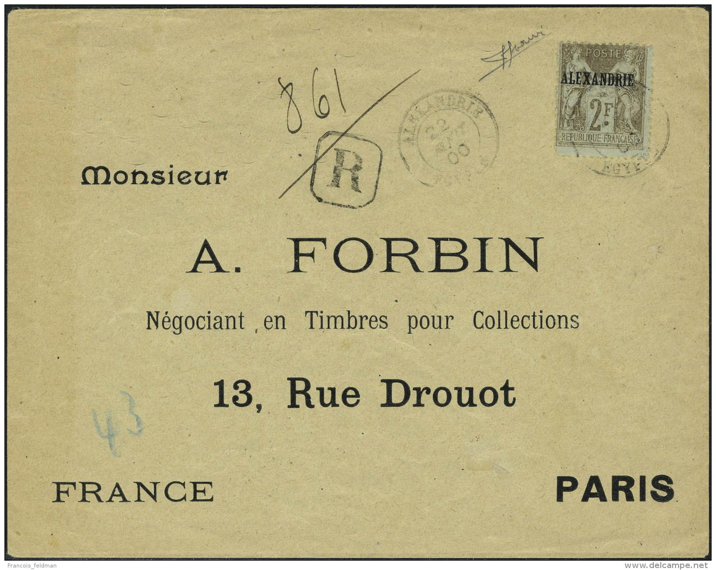 Lettre N&deg; 17, 2f Obl Alexandrie 22 Aout 00 Sur LR Pour Paris, T.B. Rare - Other & Unclassified