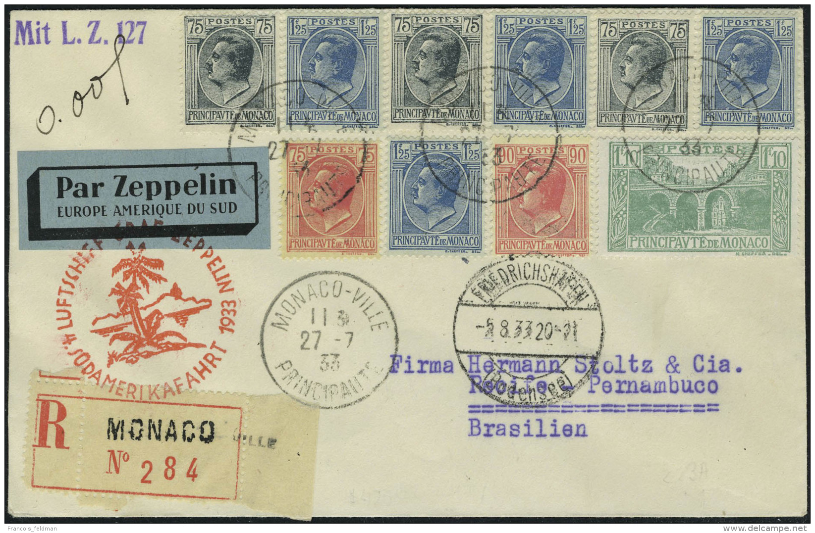 Lettre Zeppelin 4&egrave; SAF 1933 Pour Le Br&eacute;sil, T.B. - Autres & Non Classés