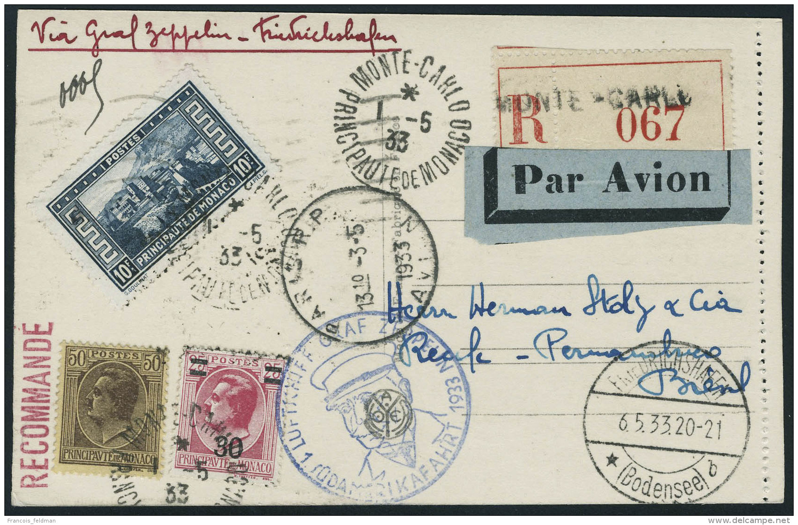 Lettre Zeppelin 1er SAF 1933 Pour Le Br&eacute;sil T.B. - Autres & Non Classés