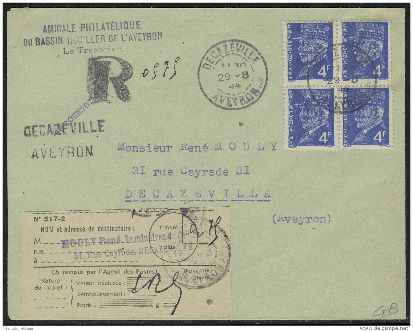 Lettre DECAZEVILLE,  Mayer N&deg; 9,  Bloc De 4 Dont 3ex Type II + 1ex Type III Sur LR De Decazeville 29.8.44 Pour... - Autres & Non Classés