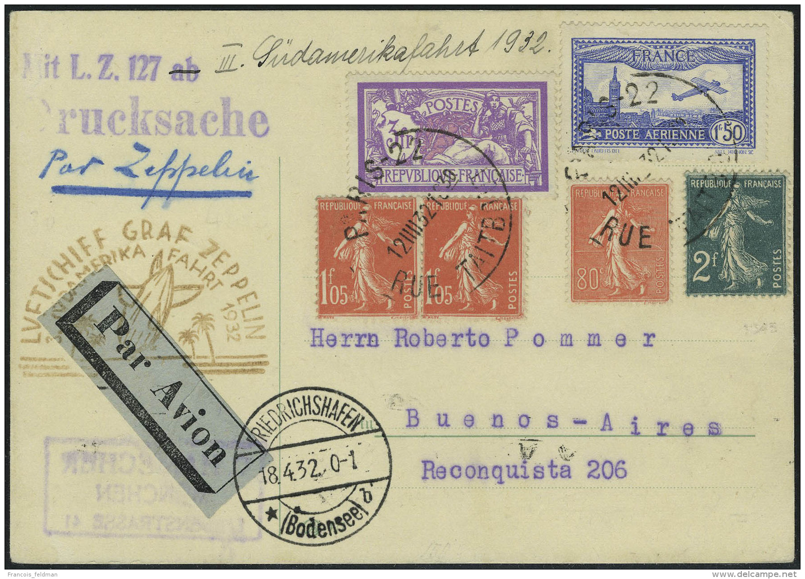 Lettre Zeppelin 3 SAF 1932 Pour Buenos Aires T.B. - Other & Unclassified