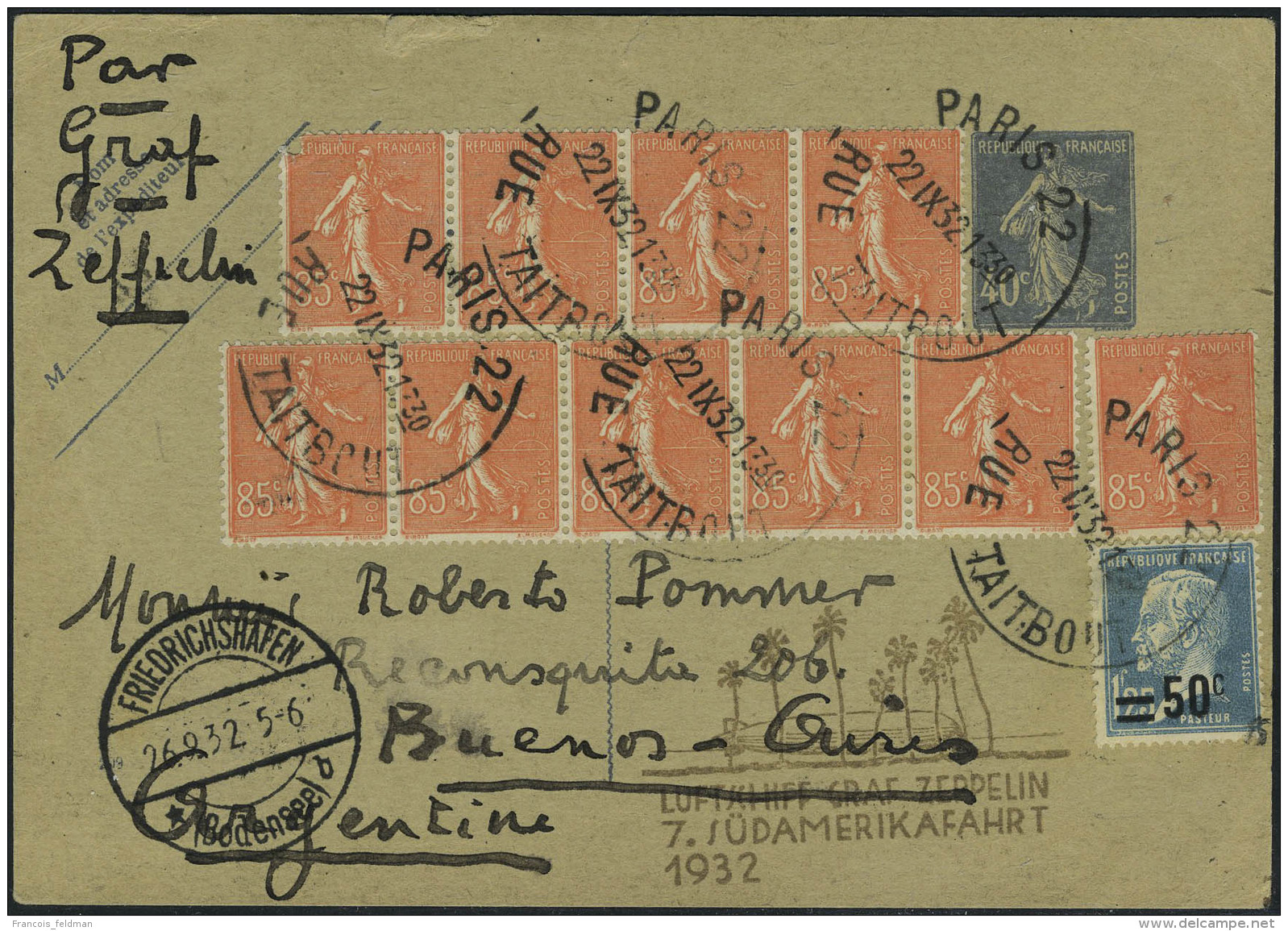 Lettre Zeppelin 7&egrave; SAF 1932 Pour L'Argentine T.B., Entier Postal &agrave; 40c + Affr. Compl&eacute;mentaire,... - Other & Unclassified