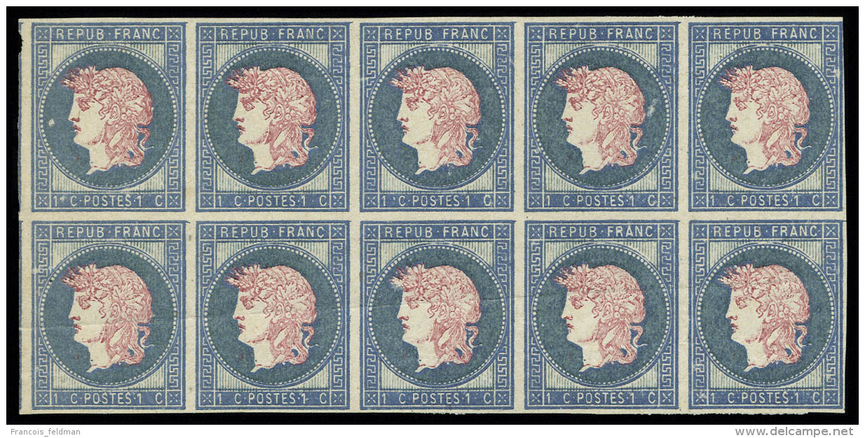 Neuf Sans Gomme Projet Gaiffe 1876, 1c Bleu Effigie Rose, Bloc De 10 (5ex L&eacute;ger Pli) Maury. - Autres & Non Classés