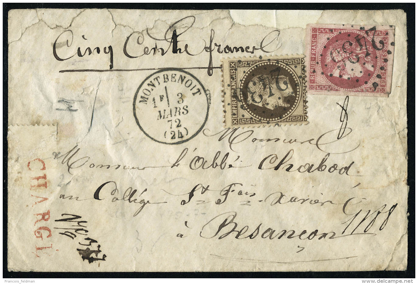 Lettre N&deg; 49 + 30 Sur L, Cachet Charg&eacute; Et Mention Manuscrite Cinq Cent Francs, C&agrave;d Montbenoit 3... - Other & Unclassified