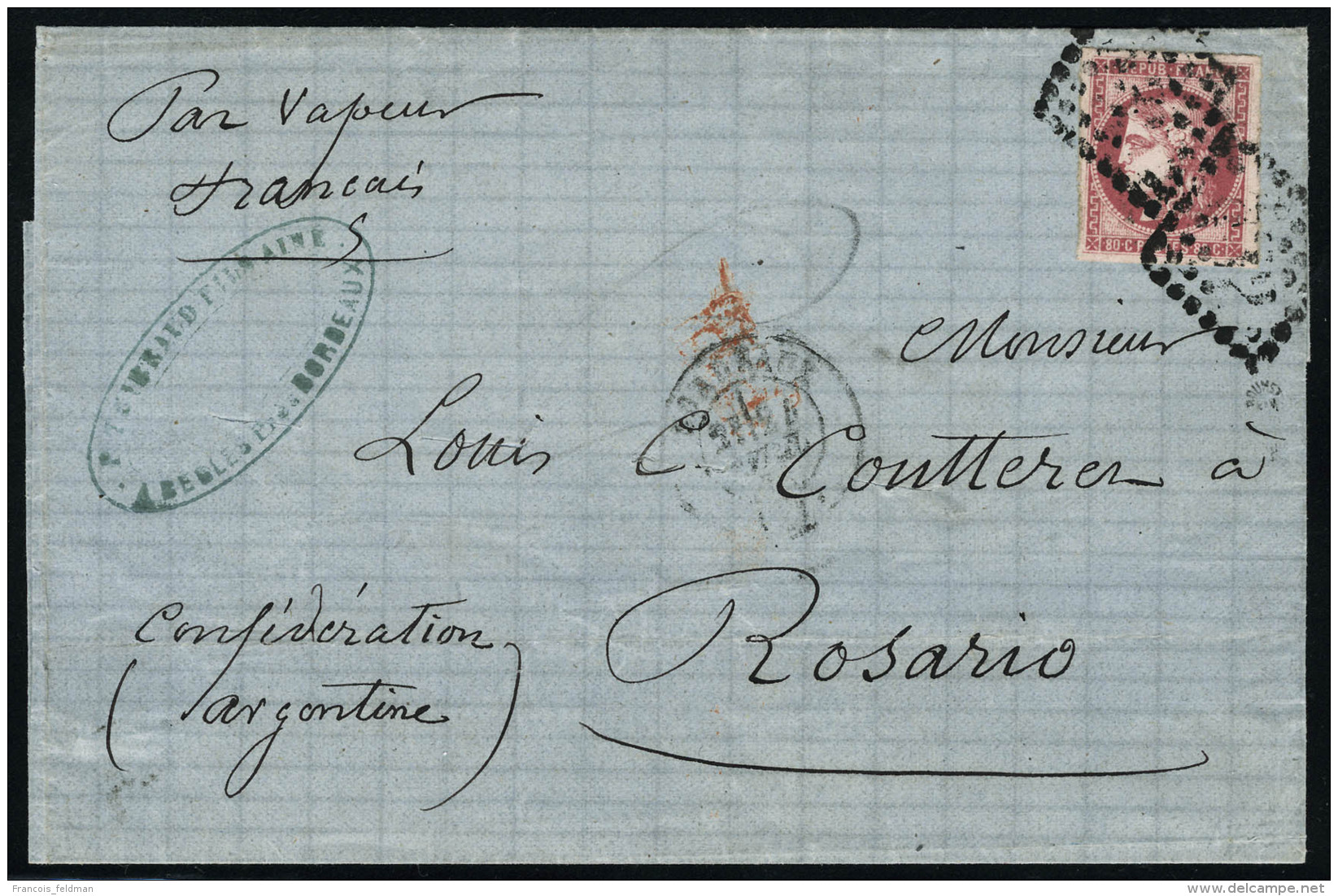 Lettre N&deg; 49. 80c Obl S/L De Bordeaux, Pour Rosario Argentine, T.B. Sign&eacute; Roumet,  Maury. - Other & Unclassified