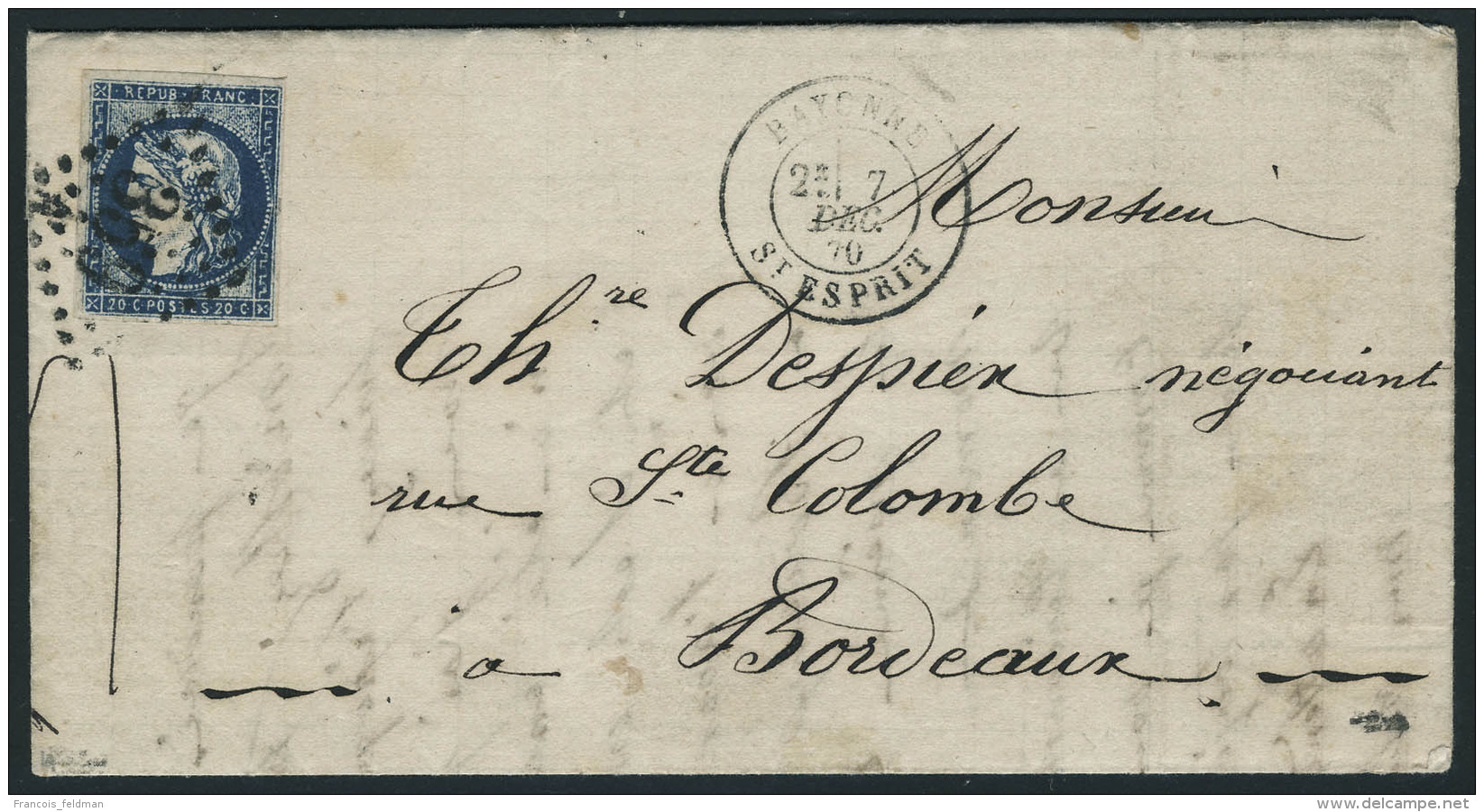 Lettre N&deg; 44Aa, 20c Bleu Fonc&eacute;, Type I, Report 1, Sur L. De Bayonne 7 Dec 70, Pour Bordeaux, Au Verso... - Autres & Non Classés