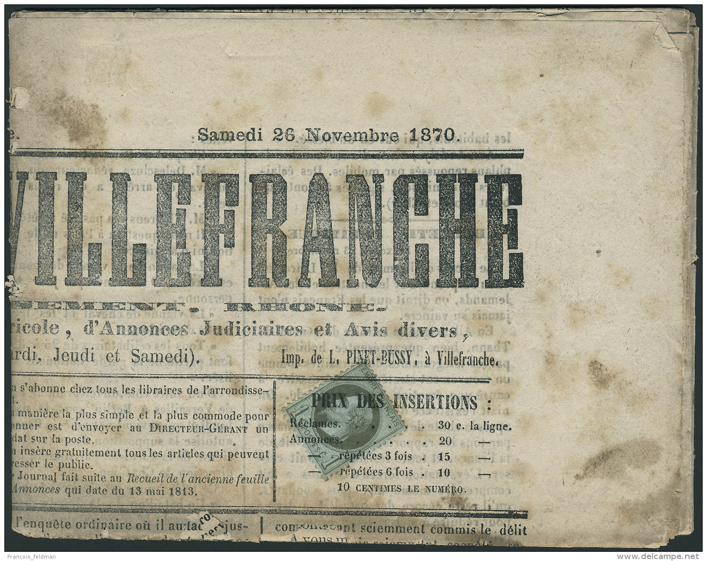 Lettre N&deg; 25. 1c Empire Laur&eacute;, Seul Sur Journal Complet : Le Journal De Villefranche Du 26 Novembre... - Sonstige & Ohne Zuordnung