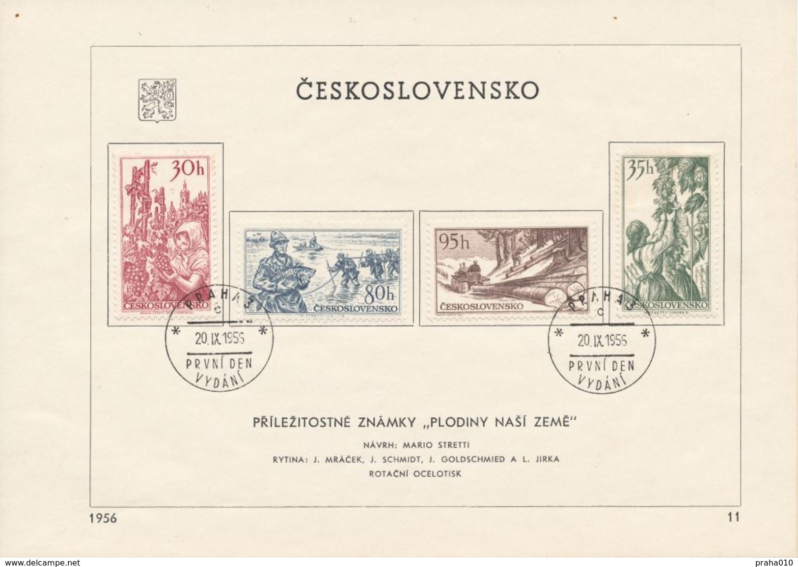 Czechoslovakia / First Day Sheet (1956/11) Praha 3 (c): Crops Our Country - Grapevine, Fishing, Woodworking, Hops - Sonstige & Ohne Zuordnung