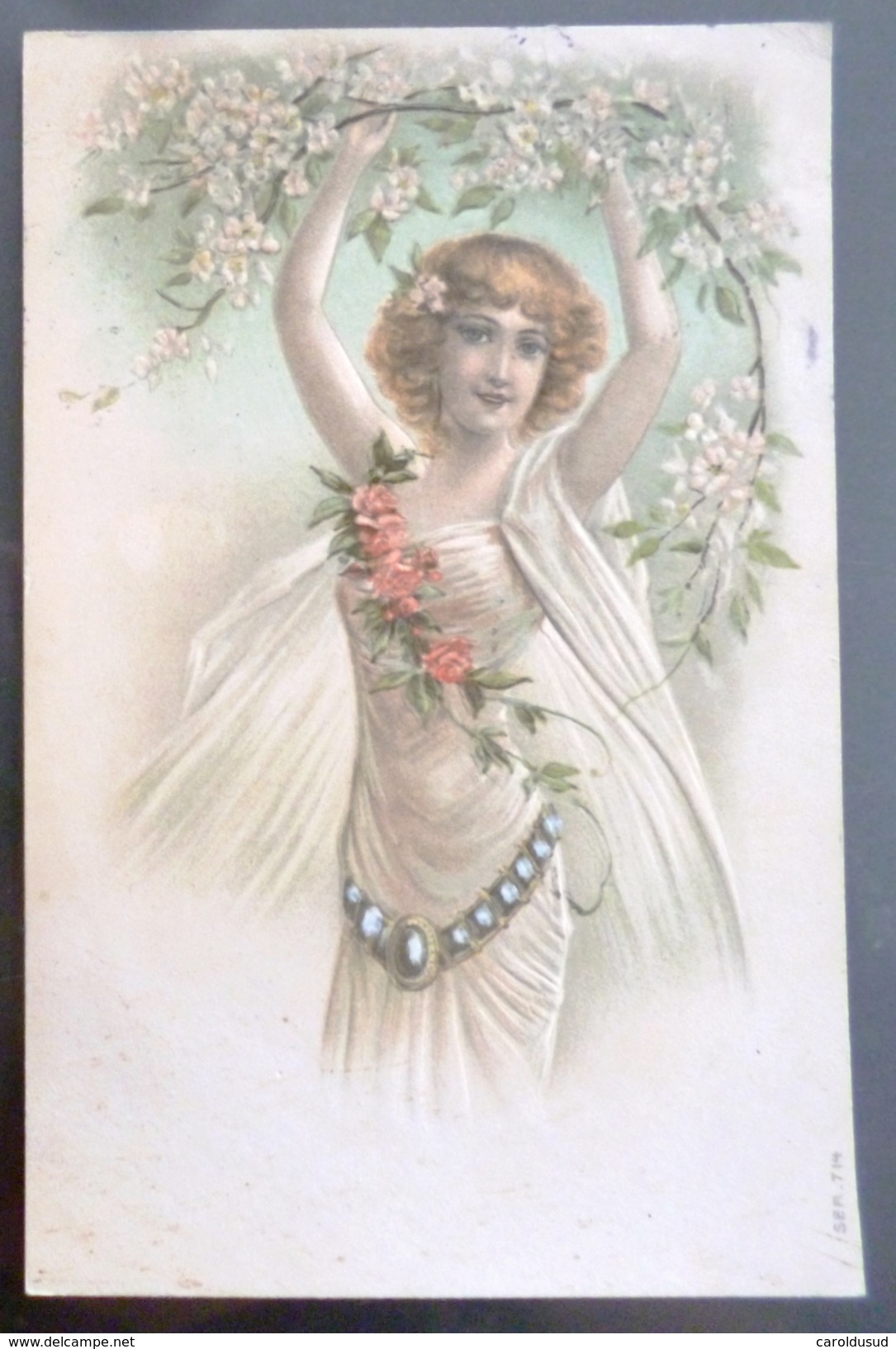 Cpa Litho Relief Aquarelle Art Precurseur ILLUSTRATEUR Femme Fille Voile Danse Tenant Branche Cerisier Fleur - Avant 1900