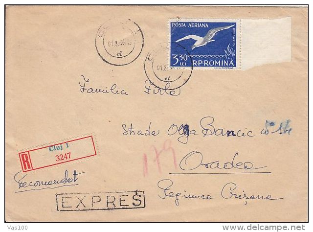 SEAGULL, STAMPS ON REGISTERED COVER, 1963, ROMANIA - Storia Postale