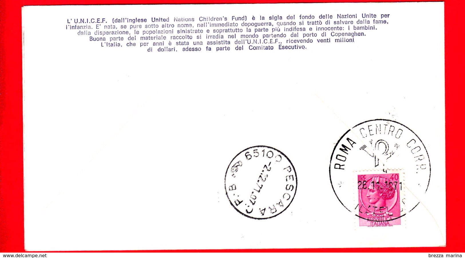 ITALIA - 1971 - FDC - Filagrano - UNICEF - Raccomandata - Viaggiata Da Roma A Pescara - FDC
