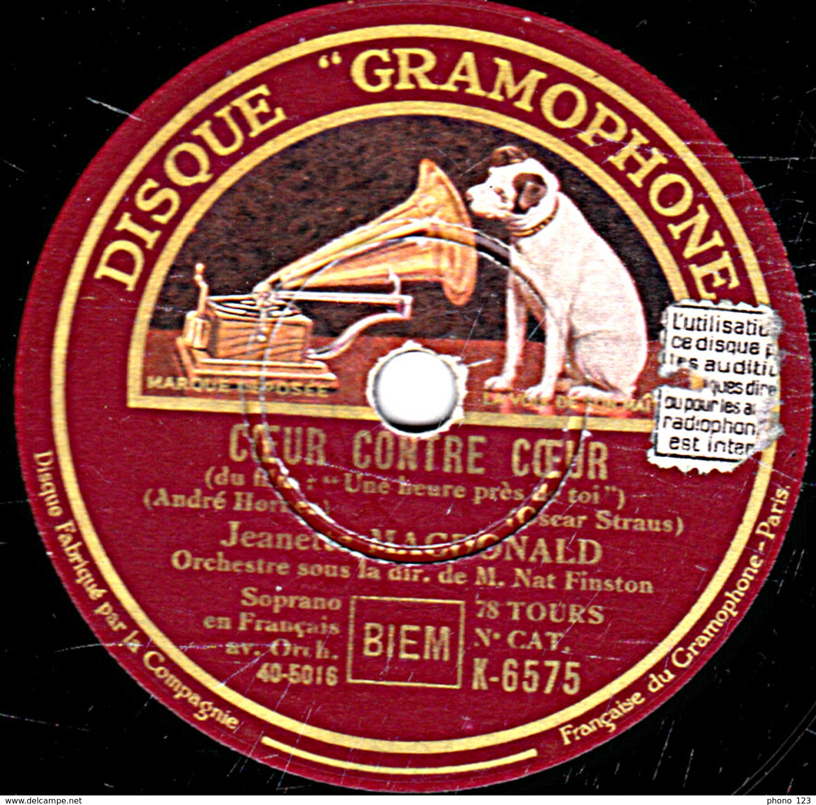 78 T. - 25 Cm - état  B - Jeanette MAC-DONALT - UNE HEURE PRES DE TOI - COEUR CONTRE COEUR - 78 T - Disques Pour Gramophone