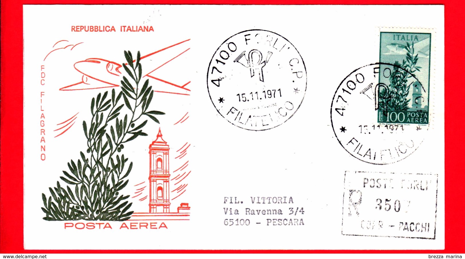 ITALIA - 1971 - FDC - Filagrano - Posta Aerea - Campidoglio 100 - Raccomandata - Viaggiata Da Forlì A Pescara - FDC