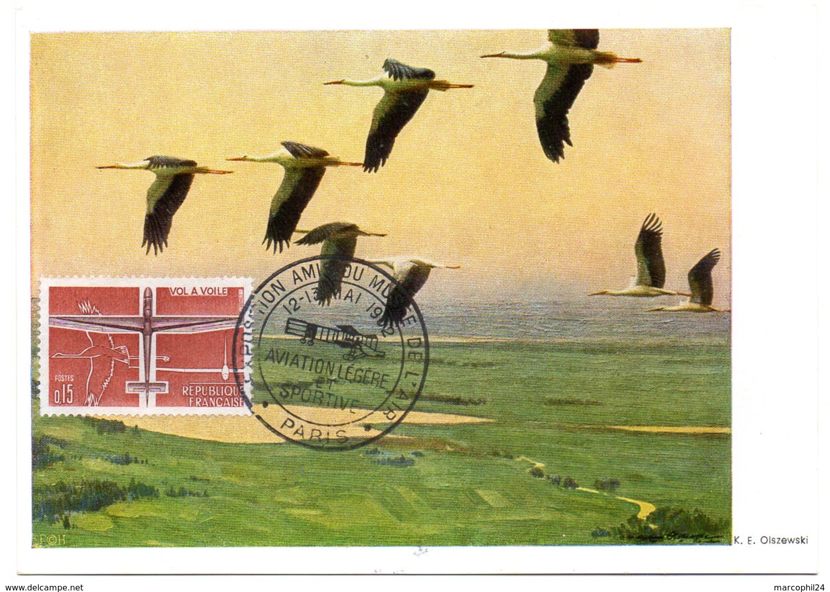 OISEAU /  GRUES EN VOL = FRANCE 1962 N° 1340  = CARTE MAXIMUM + CACHET Illustré "PARIS EXPOSITION AVIATION LEGERE" - Kranichvögel