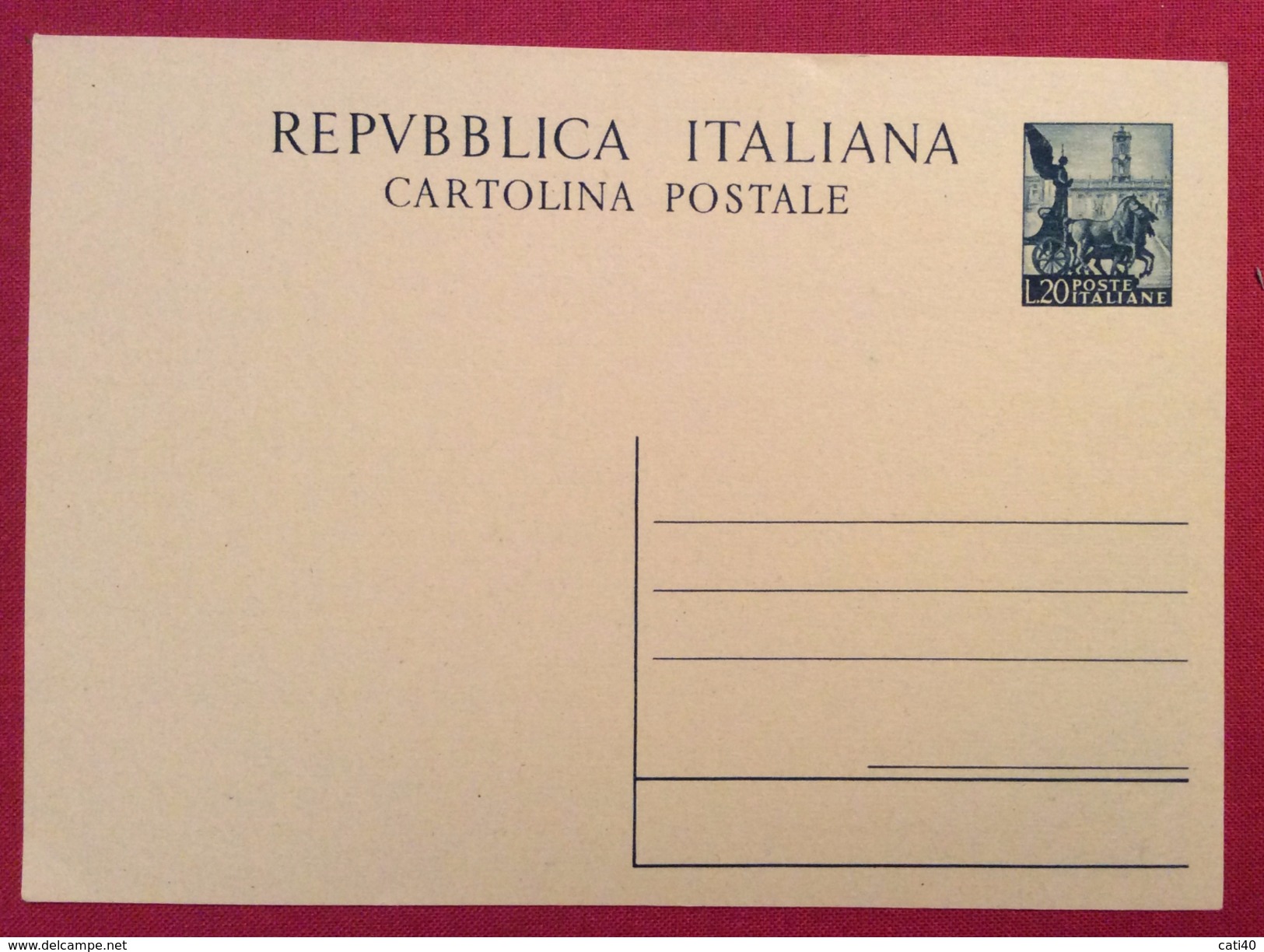 INTERO POSTALE L. 20 QUADRIGLIA  NUOVO BB - Interi Postali