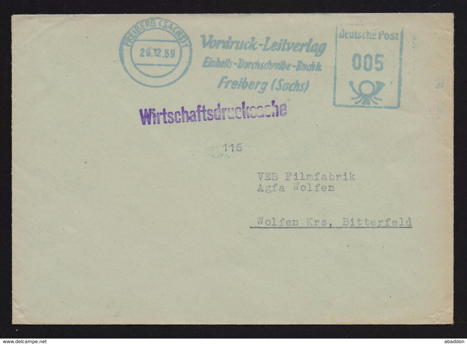 DDR Wirtschaftsdrucksache AFS - Vordruck Leitverlag, FREIBERG (SACHS) 29.12.59 (81) - Maschinenstempel (EMA)