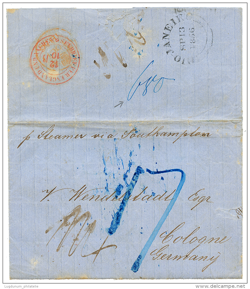 1856 "17" Blue Tax Marking + Verso British Cds RIO DE JANEIRO + SEE BRIEF PER ENGLAND UND AACHEN In Red On Entire Letter - Autres & Non Classés