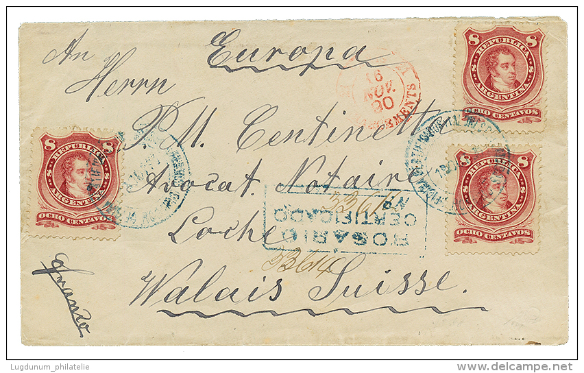1890 ARGENTINA 8c(x3) On REGISTERED Envelope From ROSARIO To LOCHE SWITZERLAND. Vf. - Sonstige & Ohne Zuordnung