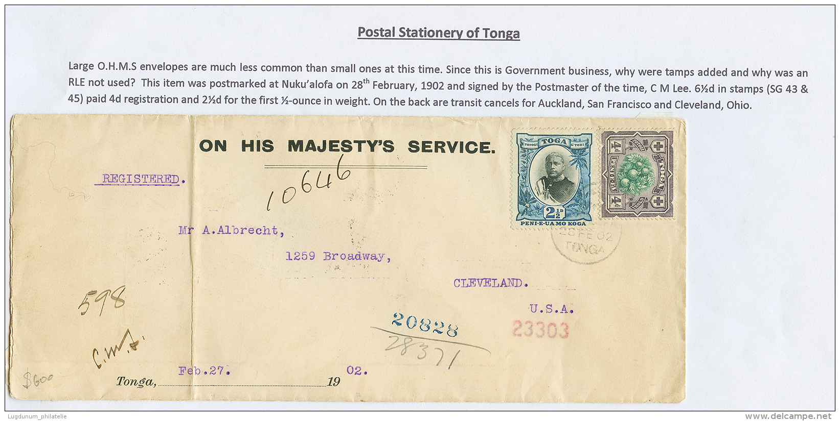 1902 2 1/2d + 4d Canc. TONGA On "OHMS" REGISTERED Envelope To USA. Vvf. - Other & Unclassified