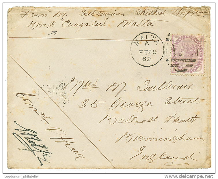 1882 GB 1d Canc. A25 + MALTA + "H.M.S EURGALUS" On Military Envelope To ENGLAND. Vvf. - Other & Unclassified