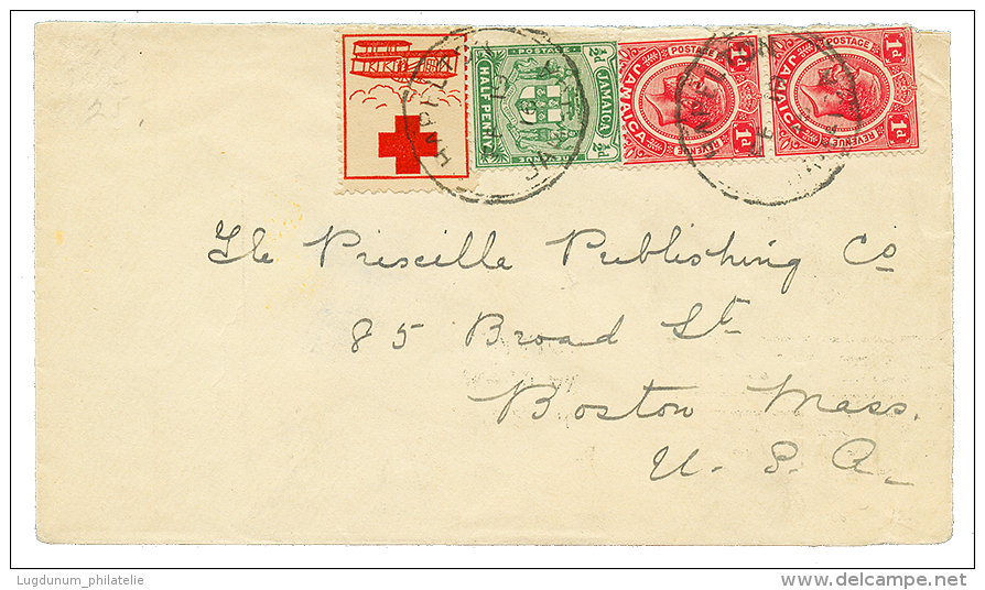 JAMAICA - RED CROSS : 1916 1/2d + 1d(x2) + RED-CROSS AIRMAIL Label Canc. HAMILTON To USA. Vf. - Other & Unclassified