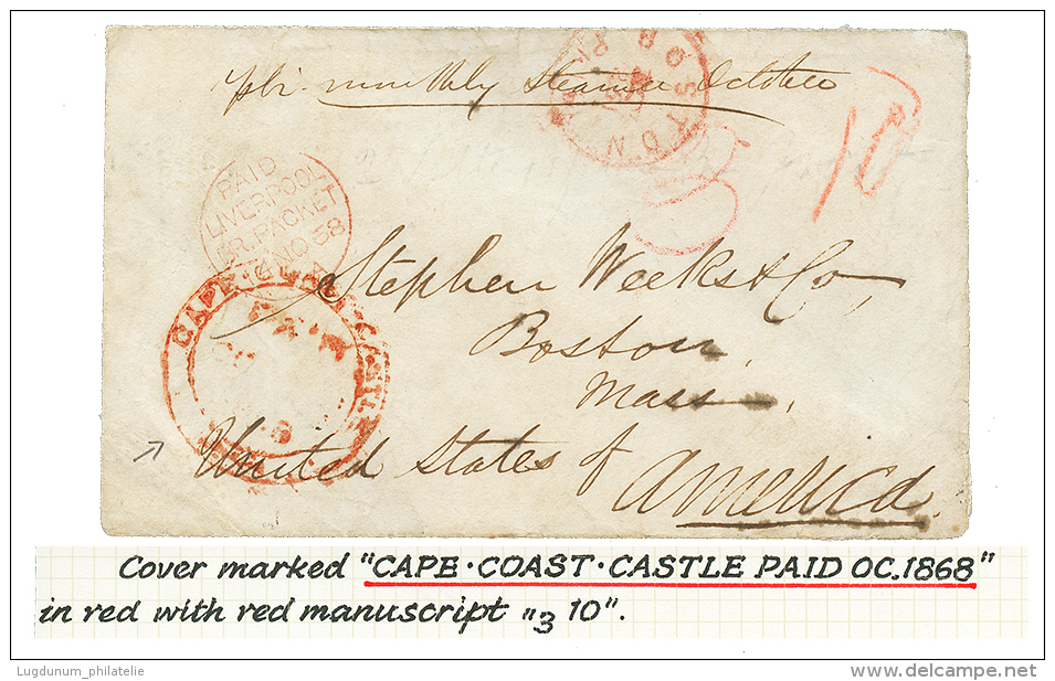 1868 Large Red Cachet CAPE COAST CASTLE PAID On Envelope To BOSTON (USA). A Very Rare Datestamp Of Which Few Exemples Ar - Sonstige & Ohne Zuordnung