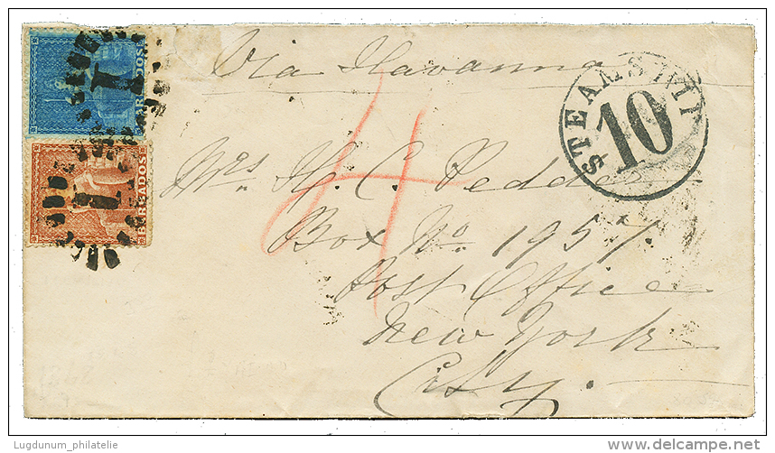 1868 BARBADOS 1d + 4d Canc. 1 + BARBADOES(verso) On Envelope Via HAVANNA To USA. Scarce. Vf. - Otros & Sin Clasificación