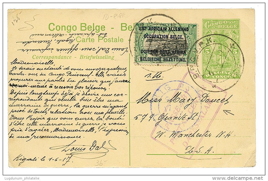 1917 P./Stat 5c Datelined KIGALI + 5c Canc. BPCVPK + Boxed PASSED BY POSTAL CENSOR DARESSALAM To USA. Scarce. Vf. - Sonstige & Ohne Zuordnung