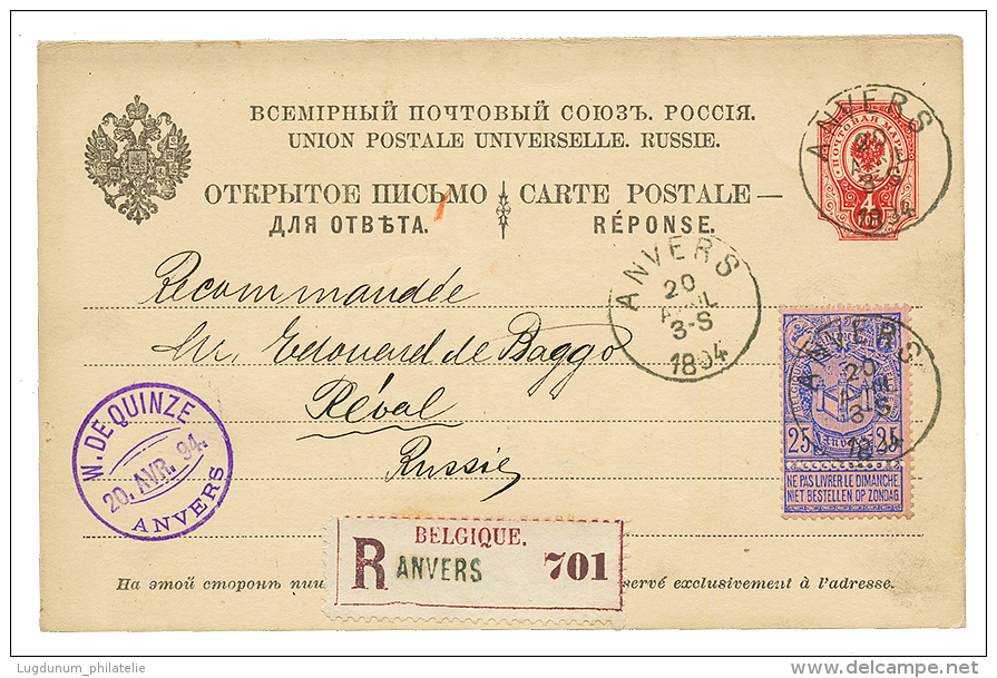 1894 RUSSIA P./Stat 4k + BELGIUM 25c Canc. ANVERS Sent REGISTERED From ANVERS To REVAL. Superb. - Autres & Non Classés