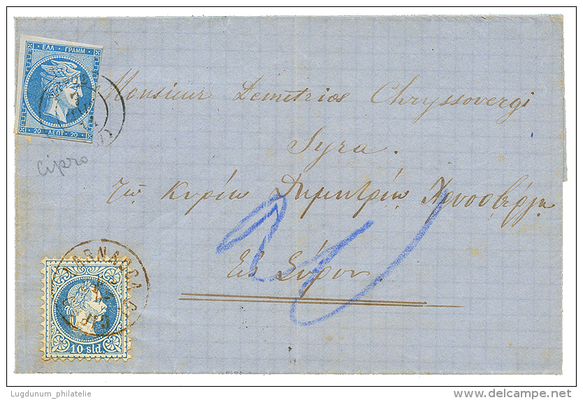 1872 10 SOLDI Canc. LARNACA DI CIPRO + GREECE 20l(fault) On Entire Letter. Verso, LLOYD AGENZIE SMIRNE. Rare Mixed Frank - Other & Unclassified