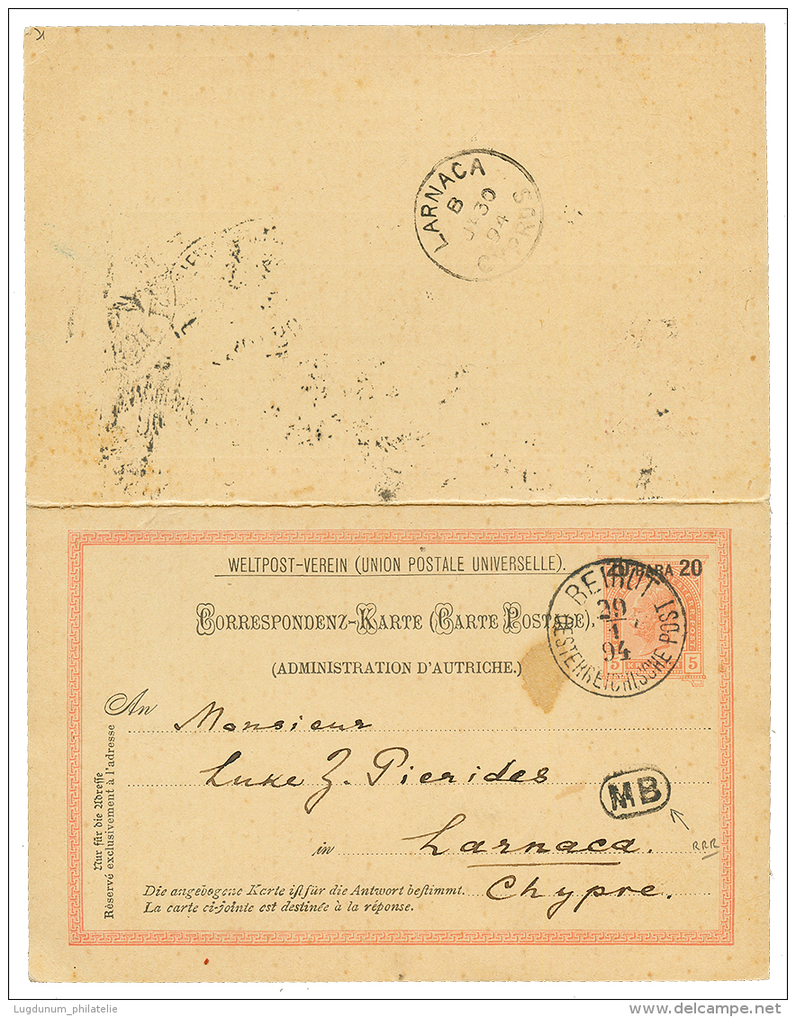 BEIRUT - MOBIL BOX : 1894 P./Stat 20p(+ Reply Unused) Canc. BEIRUT + Very Rare Cachet MB (small Type) To LARNACA CYPRUS. - Other & Unclassified